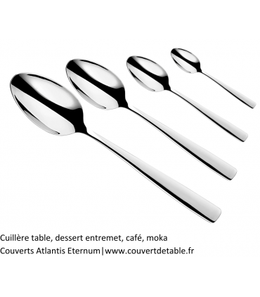 Cuillère table, dessert entremet, café, moka
Couverts Atlantis Eternum 18/10|www.couvertdetable.fr