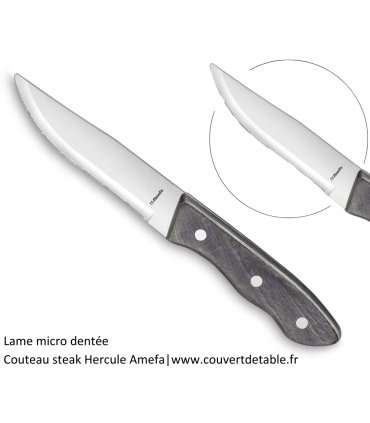 Couteau steak Hercule noir Amefa manche bois, lame micro dentelée| www.couvertdetable.fr